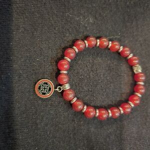 Rustic Cuff Red Beaded Bracelet with Cross Coin Charm